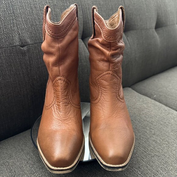 AldoBrown Leather Mid Calf Western Boots Classic Stacked Heel Women's 8 (EU 39) - Picture 1 of 13